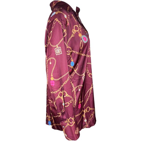 Susan Graver Regular Printed Charmeuse Button-Front Tunic Dark Cranberry Small - Picture 10 of 12
